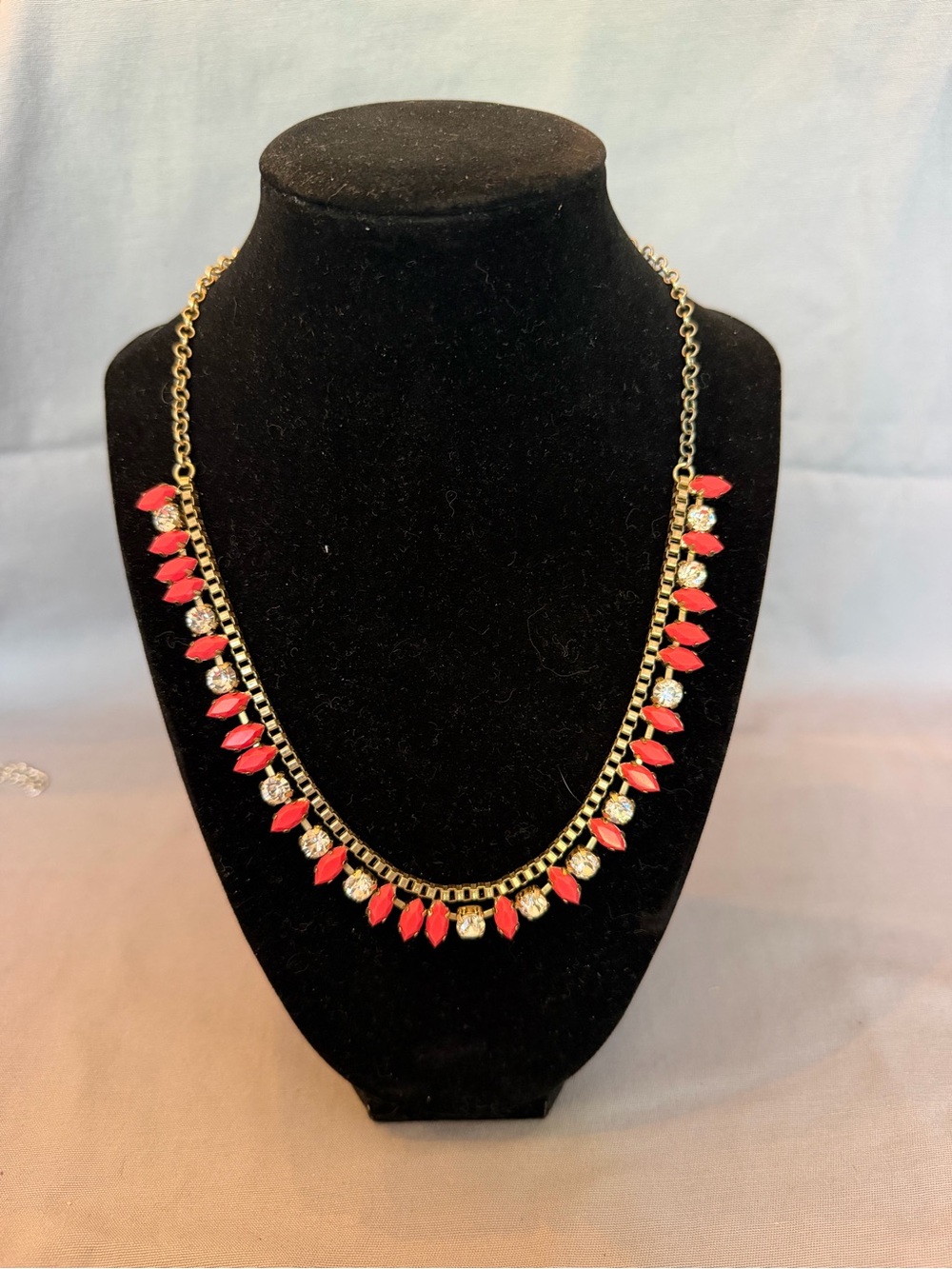 Vintage J.Crew Orange Marquise Bead & Rhinestone Book Chain Statement Necklace.